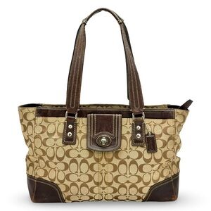 Coach Hamptons Signature Carryall Tote Brown Canvas Leather Turnlock F13974